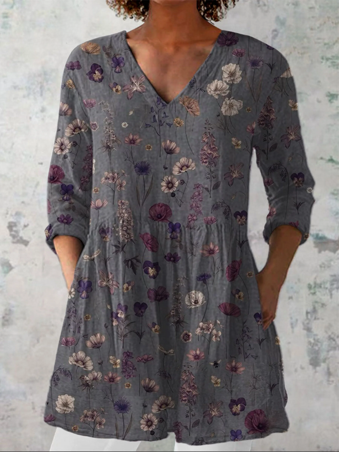CAERAVELLE – WOMEN'S FLOWERS ART PRINT CASUAL LINEN V-NECK TUNIC