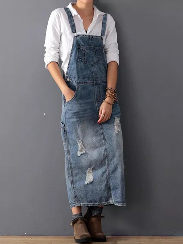 Distressed Denim Pinafore Dress with Back Slit