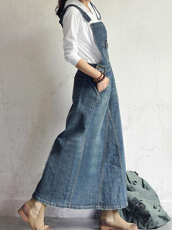 Casual Denim Overall Dress with Back Slit