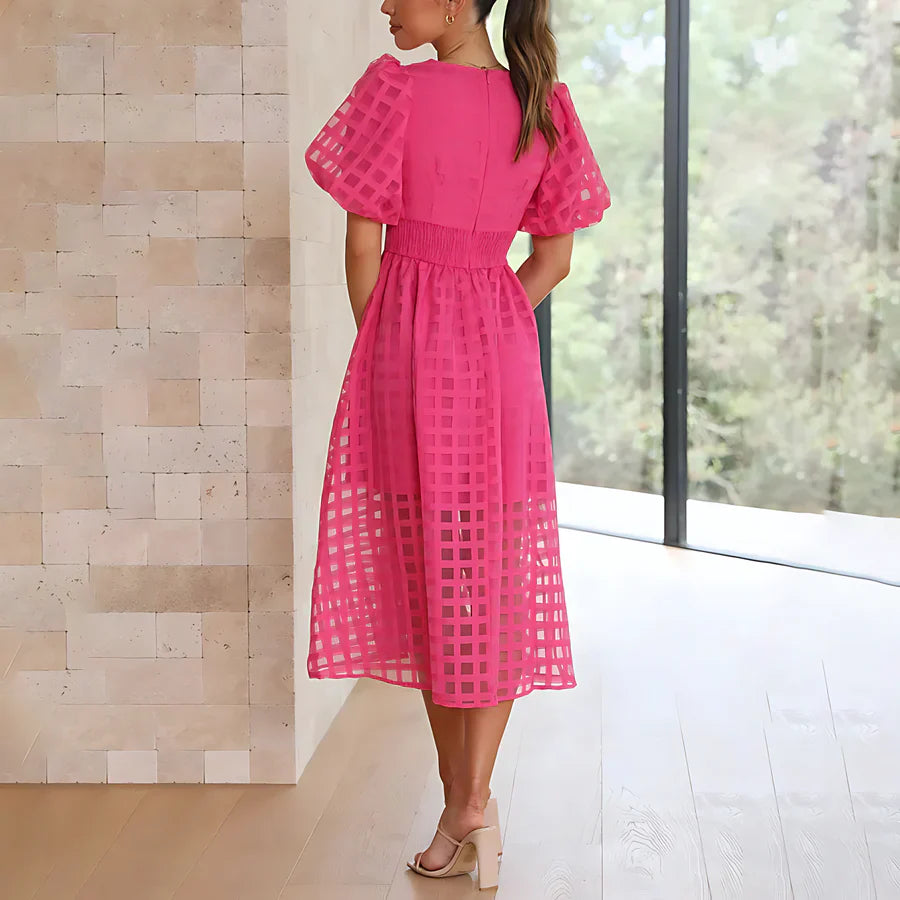 Caelis - Classic Patterned Puff Sleeve Midi Dress