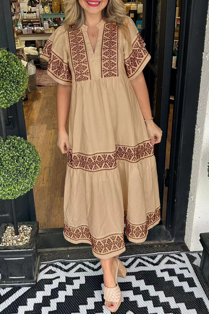 SORAYA – GEOMETRIC PRINT PATCHWORK V-NECK A-LINE DRESS