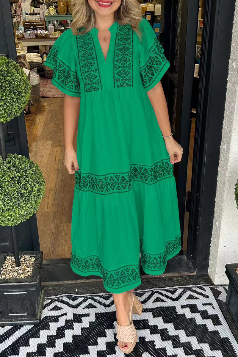 SORAYA – GEOMETRIC PRINT PATCHWORK V-NECK A-LINE DRESS