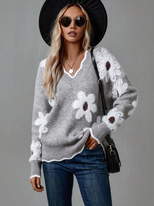 THEA – ELEGANT V-NECK FLORAL SWEATER