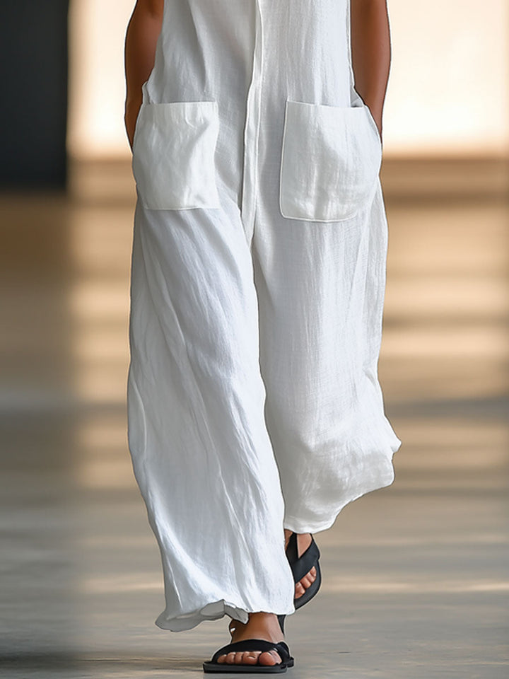 ZINA – WHITE RETRO LOOSE CASUAL JUMPSUIT