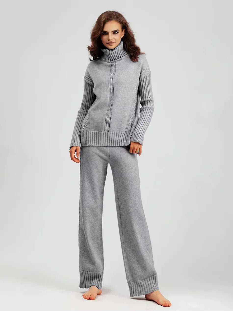 Scarlett - Chic High-Neck Knit Sweater & Loose Pants Set