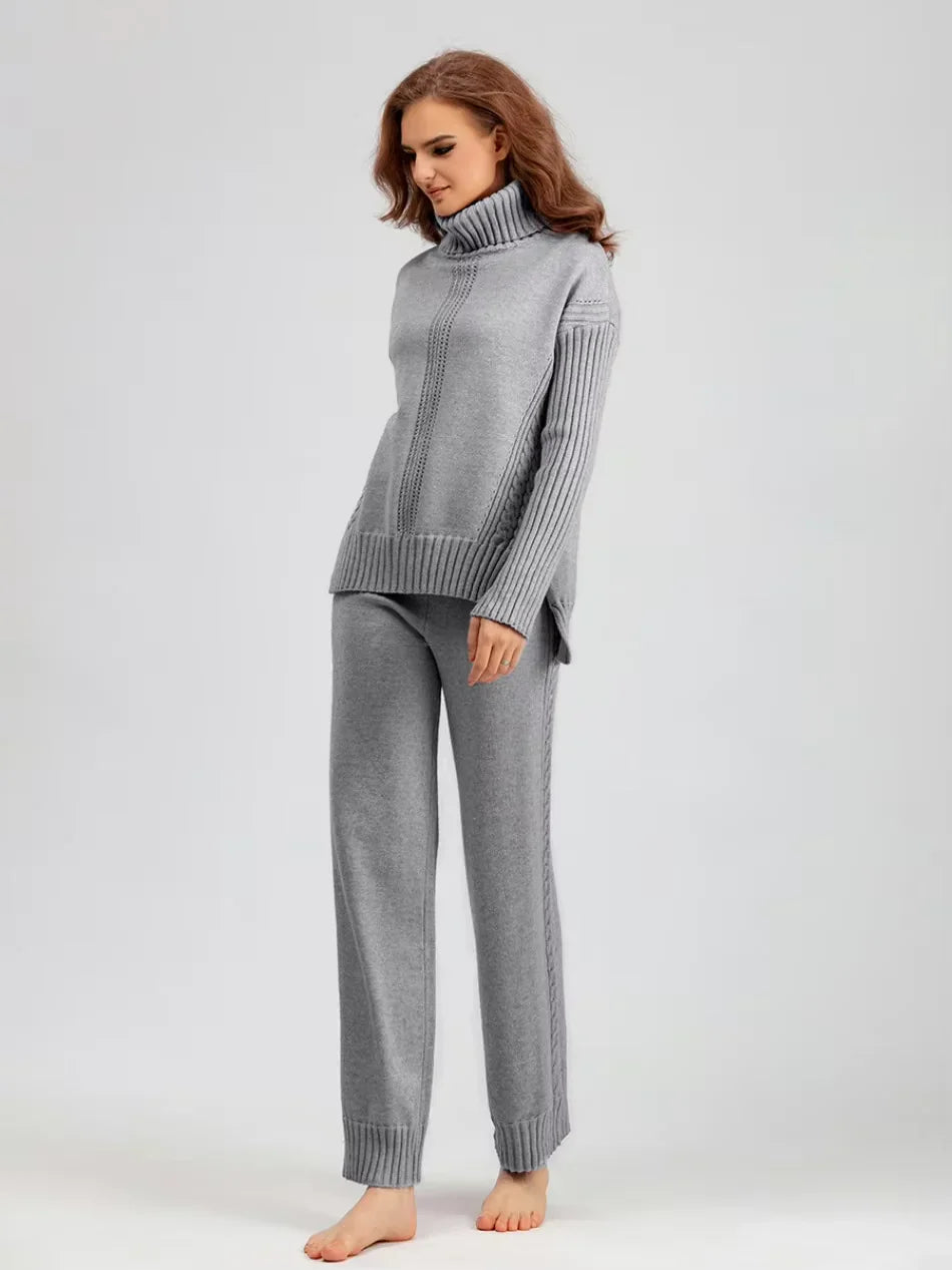 Scarlett - Chic High-Neck Knit Sweater & Loose Pants Set