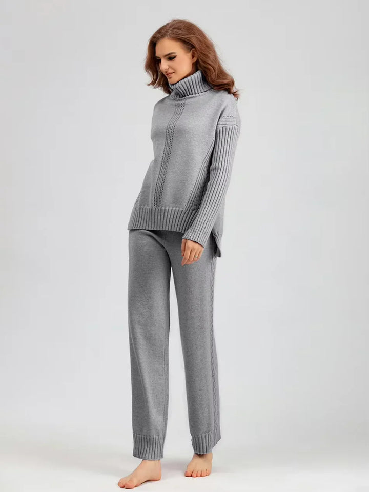 Scarlett - Chic High-Neck Knit Sweater & Loose Pants Set