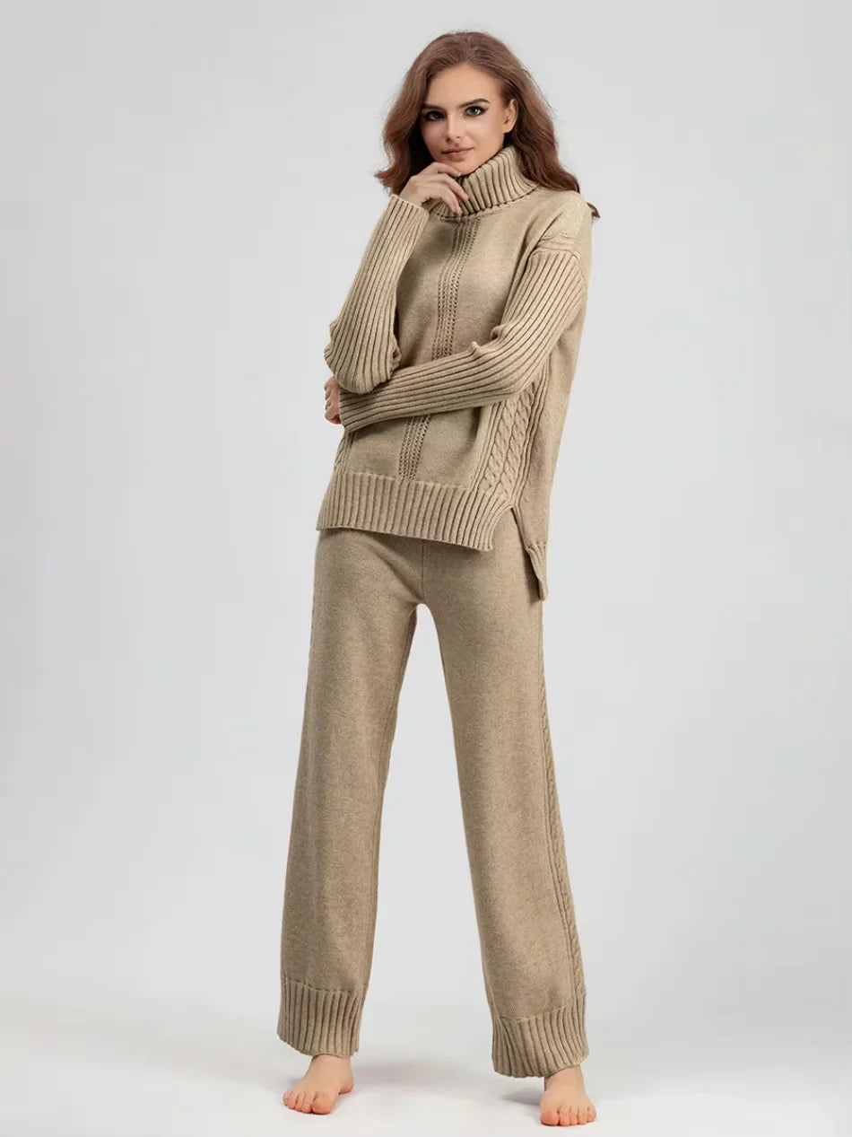 Scarlett - Chic High-Neck Knit Sweater & Loose Pants Set