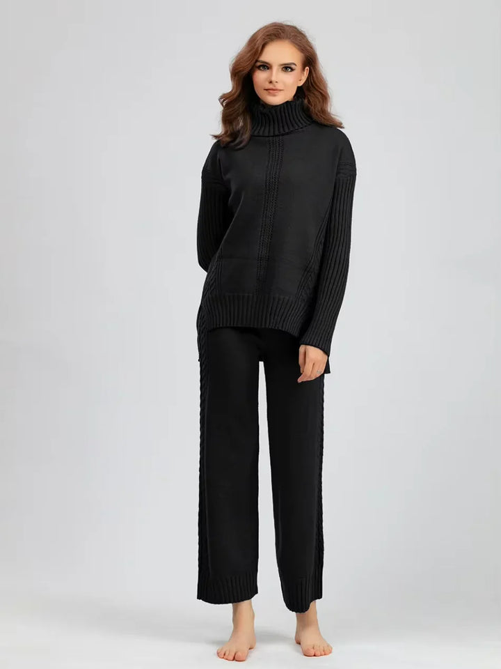 Scarlett - Chic High-Neck Knit Sweater & Loose Pants Set