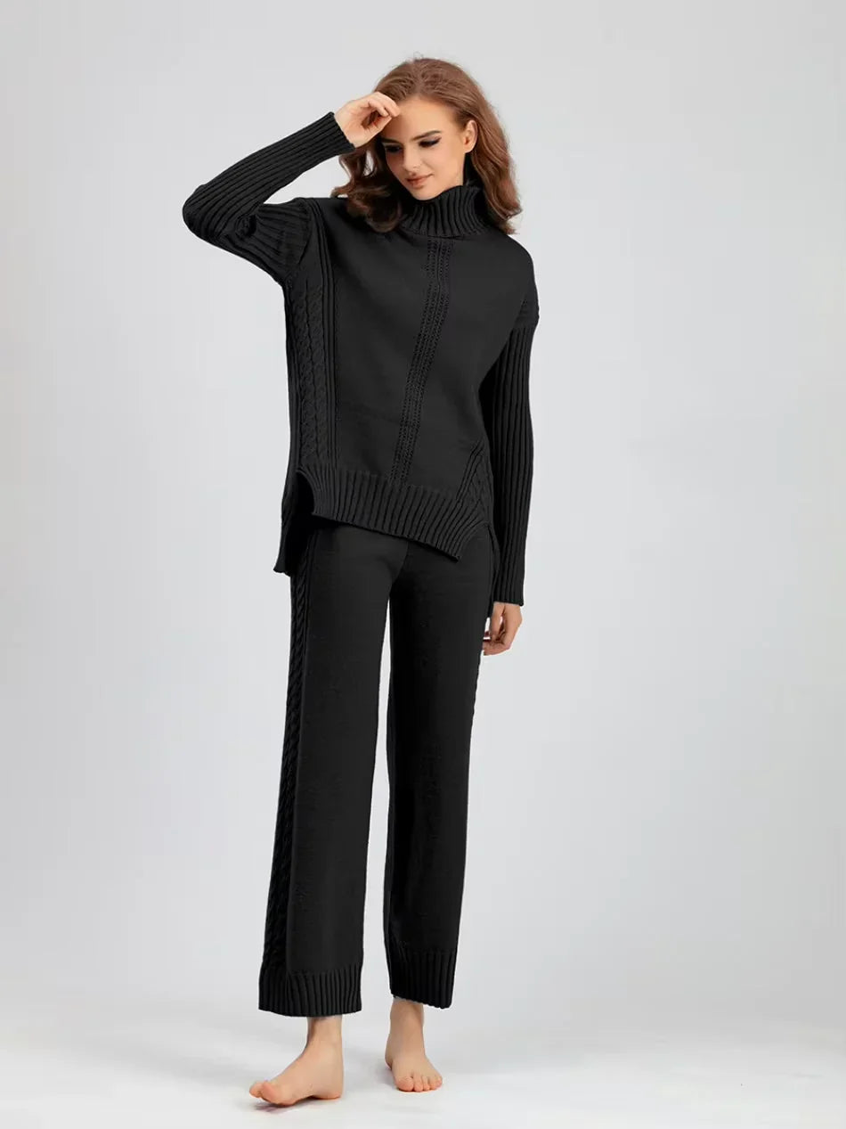 Scarlett - Chic High-Neck Knit Sweater & Loose Pants Set