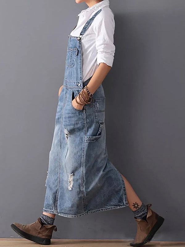 Distressed Denim Pinafore Dress with Back Slit