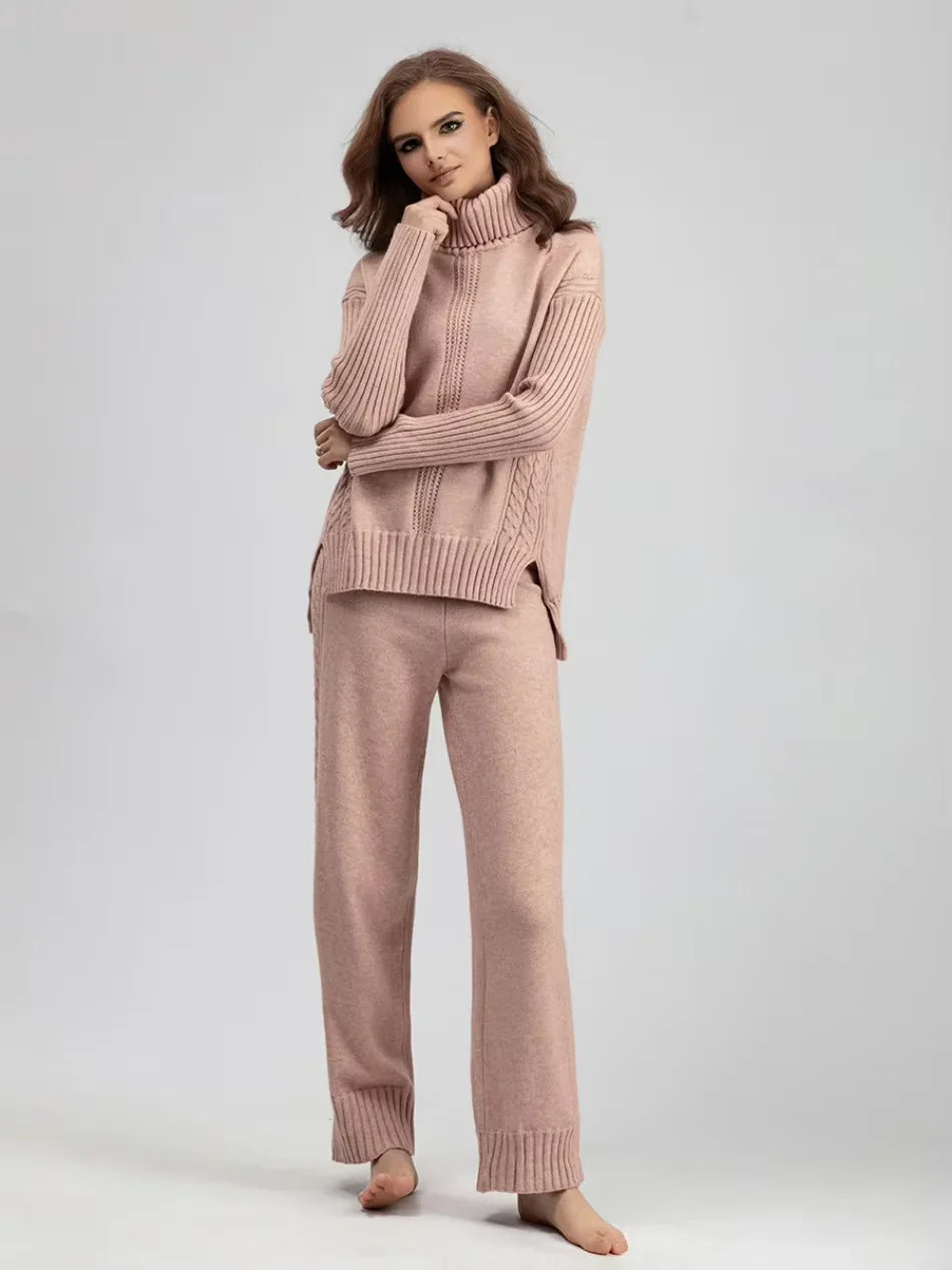 Scarlett - Chic High-Neck Knit Sweater & Loose Pants Set