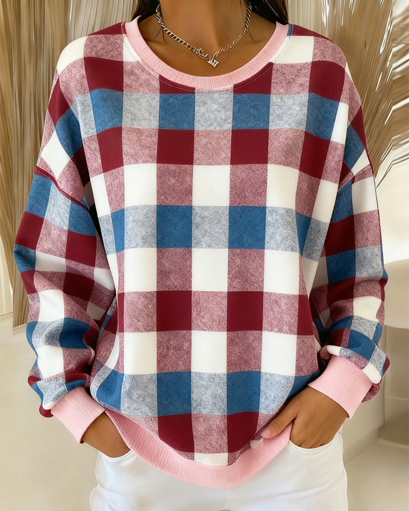 CALENIRAE – ROUND NECK PLAID SWEATSHIRT