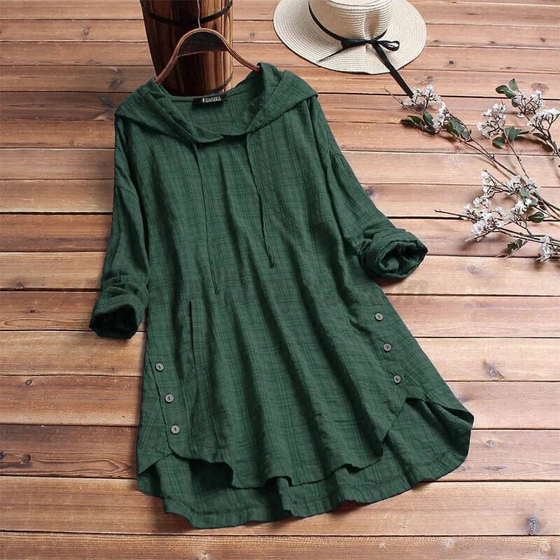 GHISELE – LINEN TUNIC HOODIE WITH BUTTON DETAILS