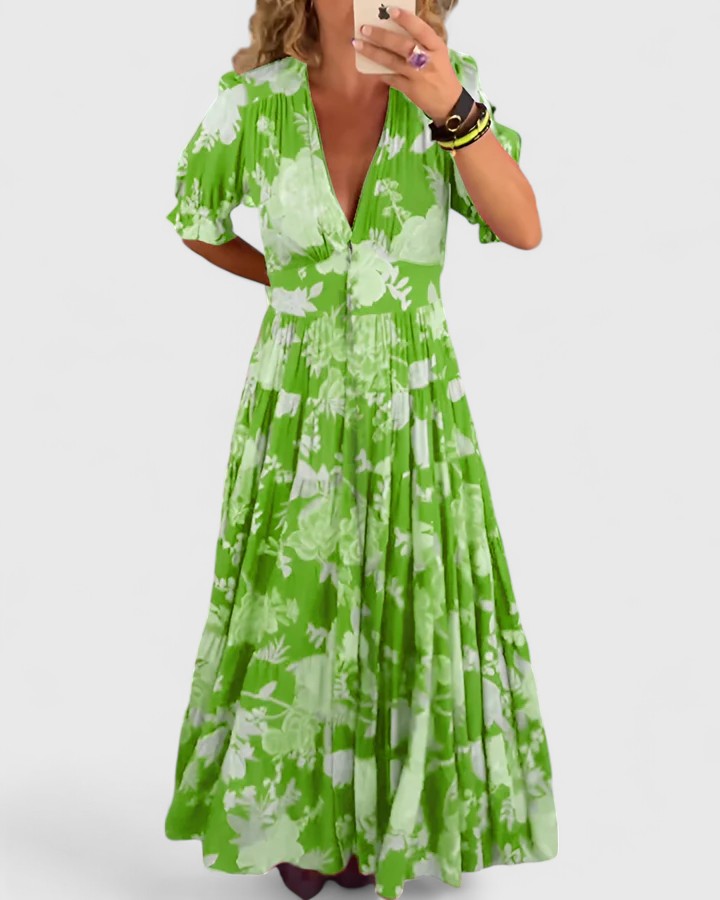 AUREVEA – ELEGANT FLORAL V-NECK DRESS