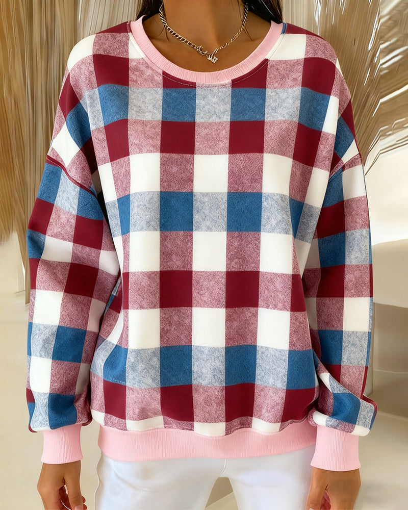 CALENIRAE – ROUND NECK PLAID SWEATSHIRT