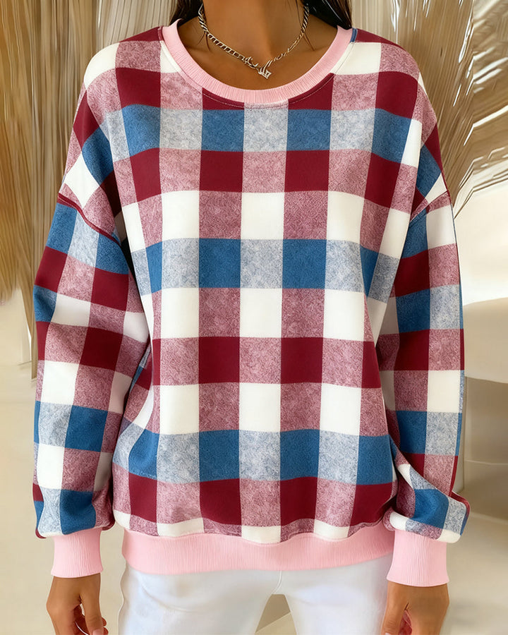 CALENIRAE – ROUND NECK PLAID SWEATSHIRT