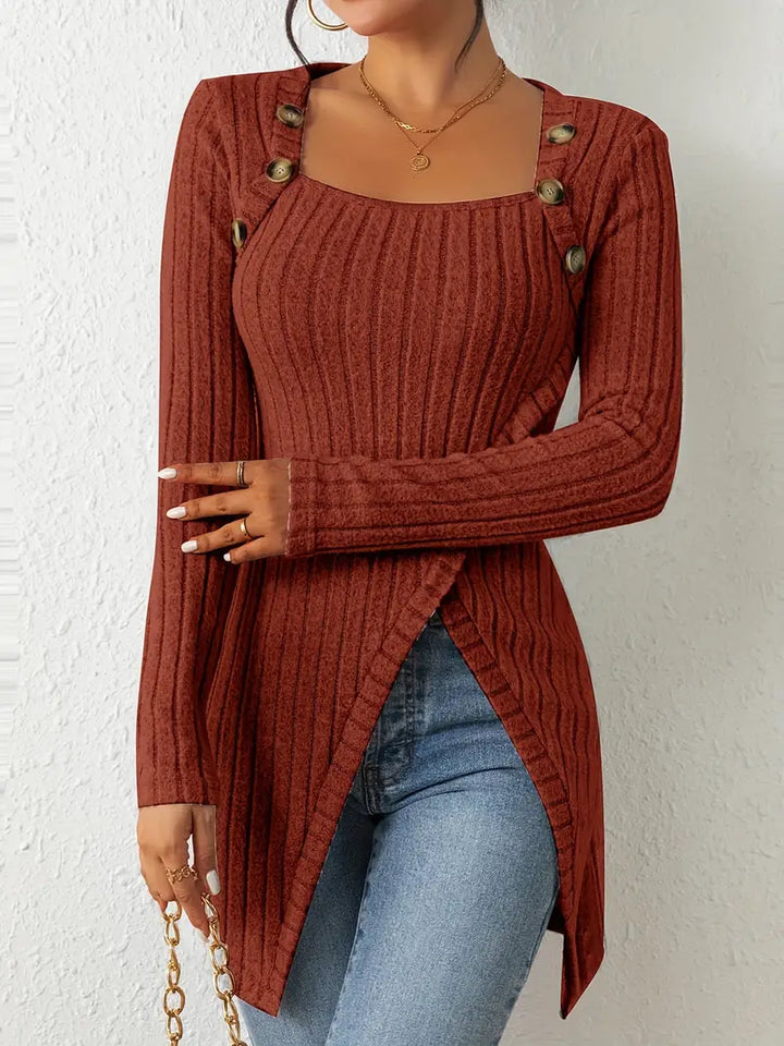 AVA – ASYMMETRICAL BUTTONED RIBBED TOP