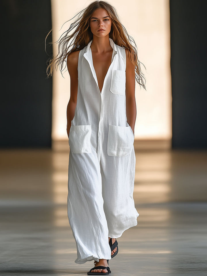 ZINA – WHITE RETRO LOOSE CASUAL JUMPSUIT