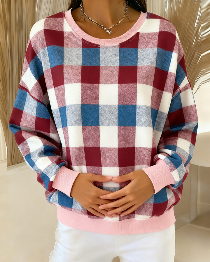 CALENIRAE – ROUND NECK PLAID SWEATSHIRT