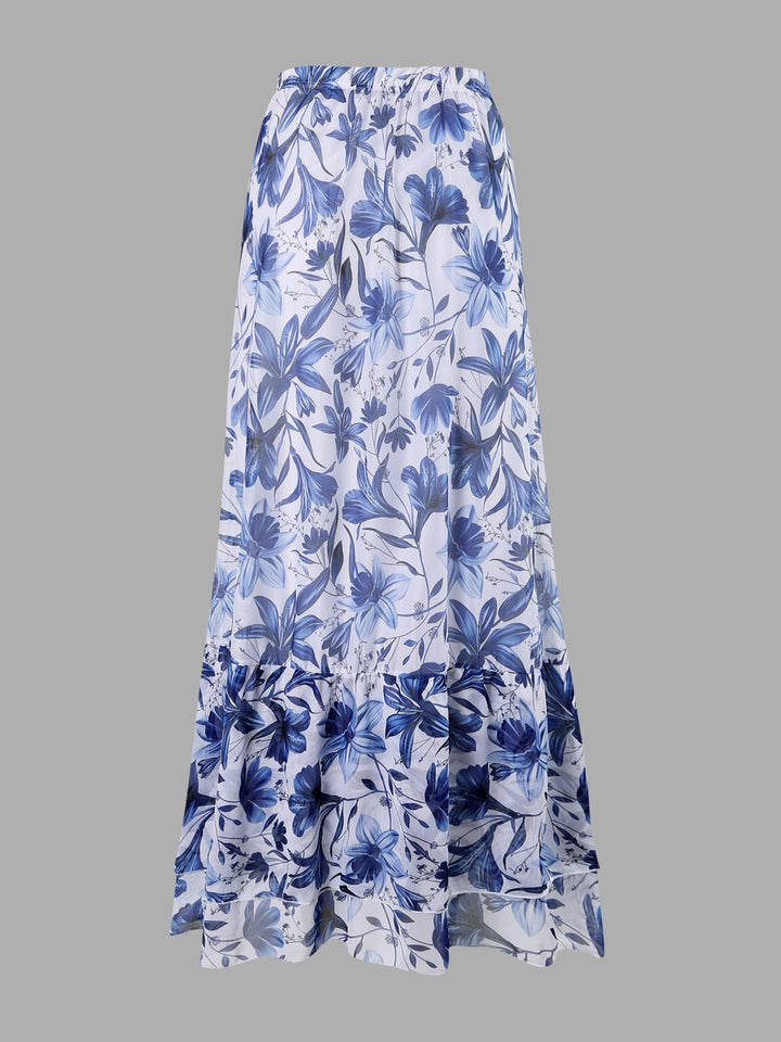 EMBERLY – BLUE AND WHITE PORCELAIN SWIMSUIT WRAP SKIRT SUIT