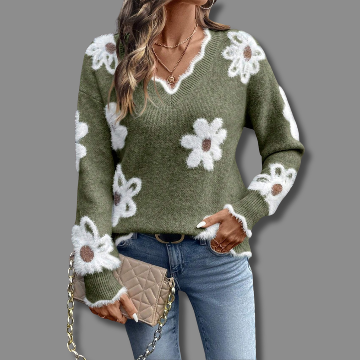THEA – ELEGANT V-NECK FLORAL SWEATER
