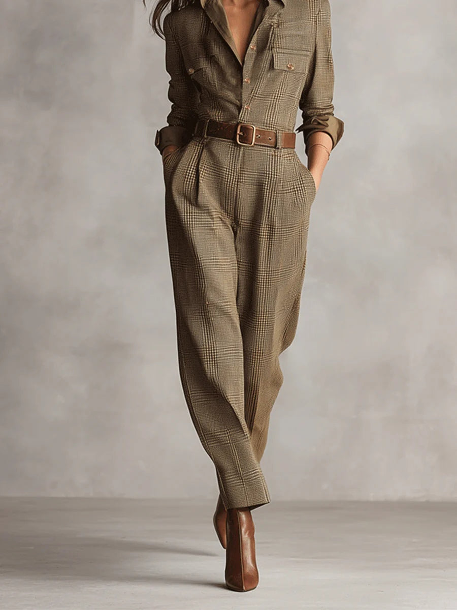 BARBARA – REFINED TWEED TEXTURE CHECKED UTILITY JUMPSUIT