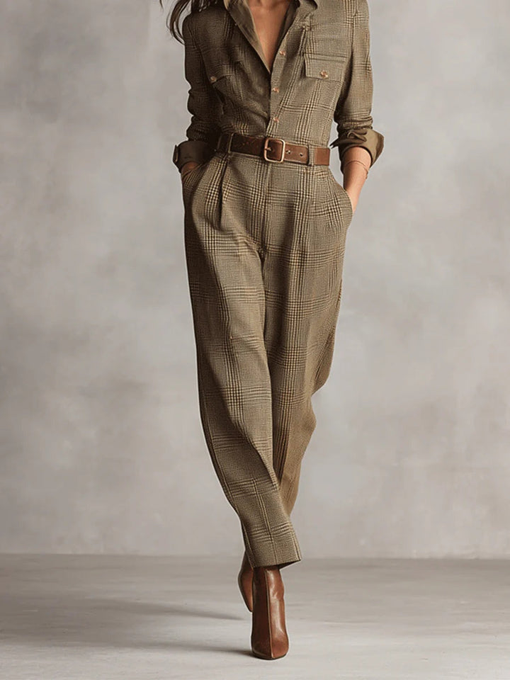 BARBARA – REFINED TWEED TEXTURE CHECKED UTILITY JUMPSUIT