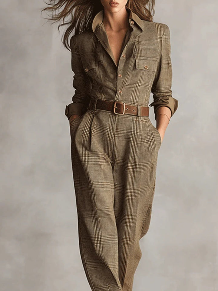 BARBARA – REFINED TWEED TEXTURE CHECKED UTILITY JUMPSUIT