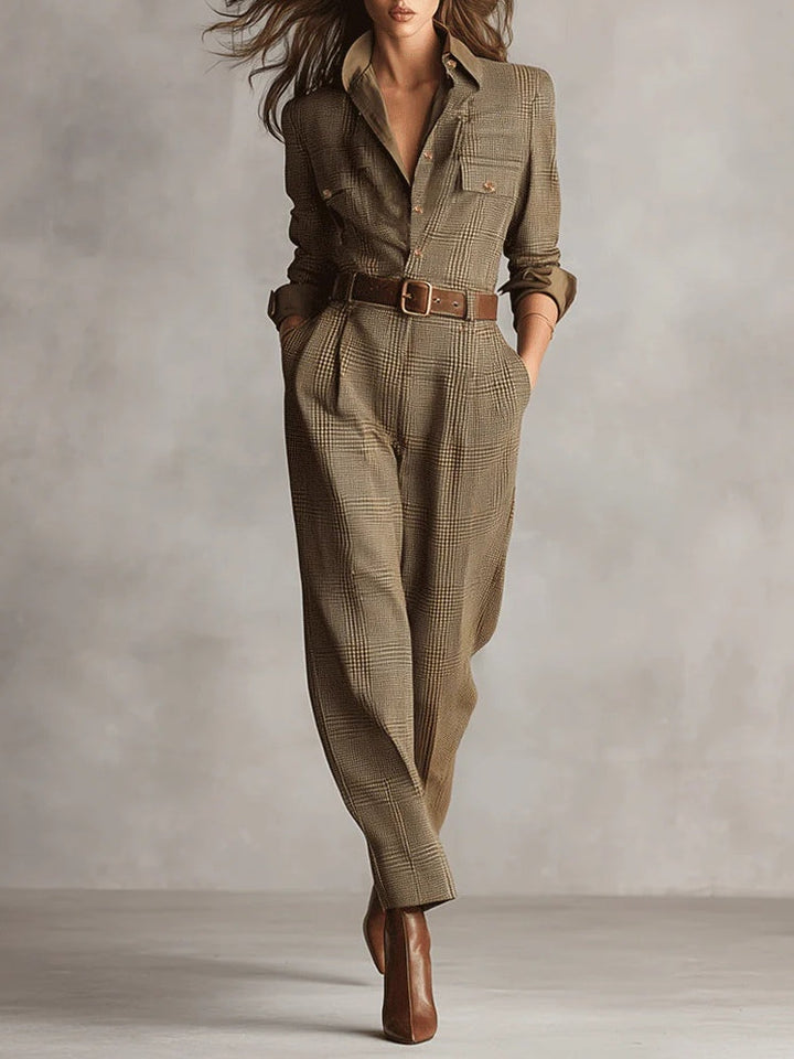 BARBARA – REFINED TWEED TEXTURE CHECKED UTILITY JUMPSUIT