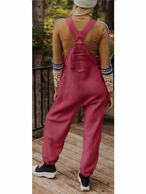 Fleece Thermal Overalls with Zipper Pockets for Women