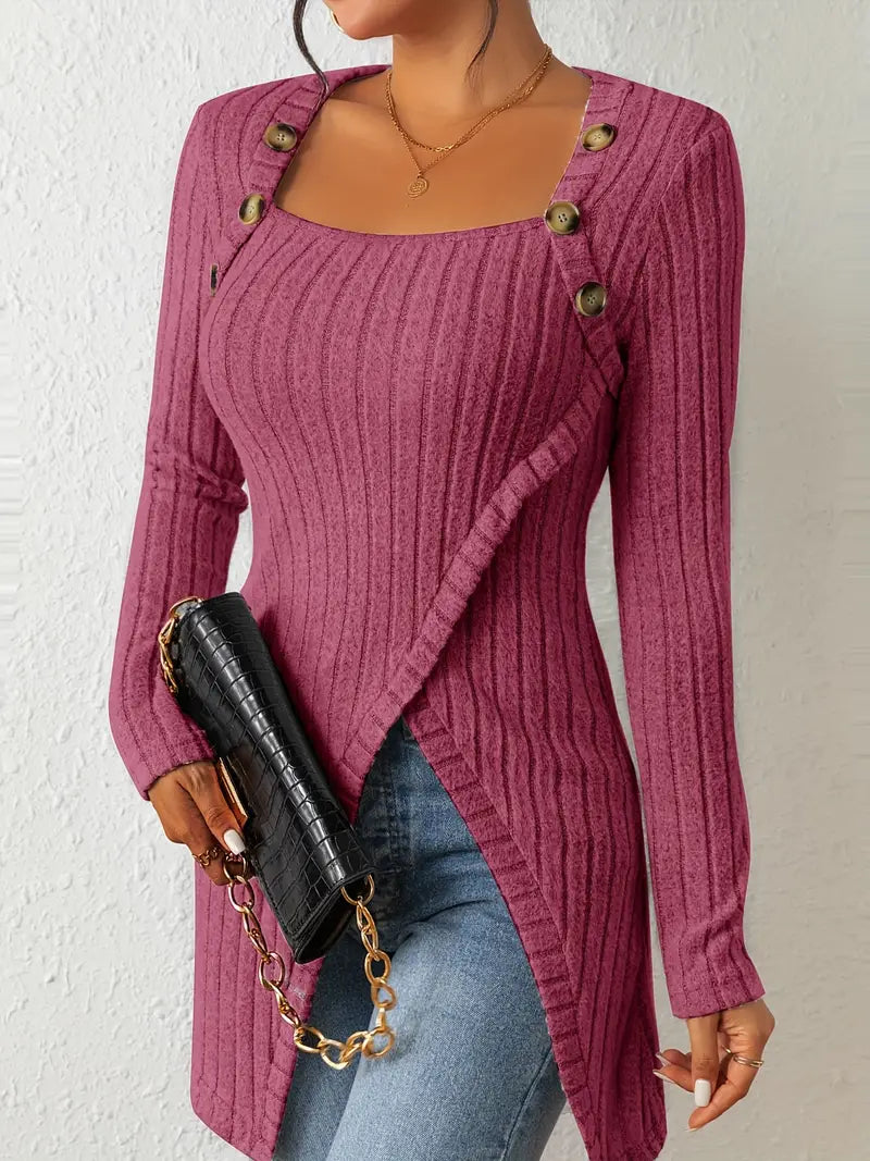 AVA – ASYMMETRICAL BUTTONED RIBBED TOP