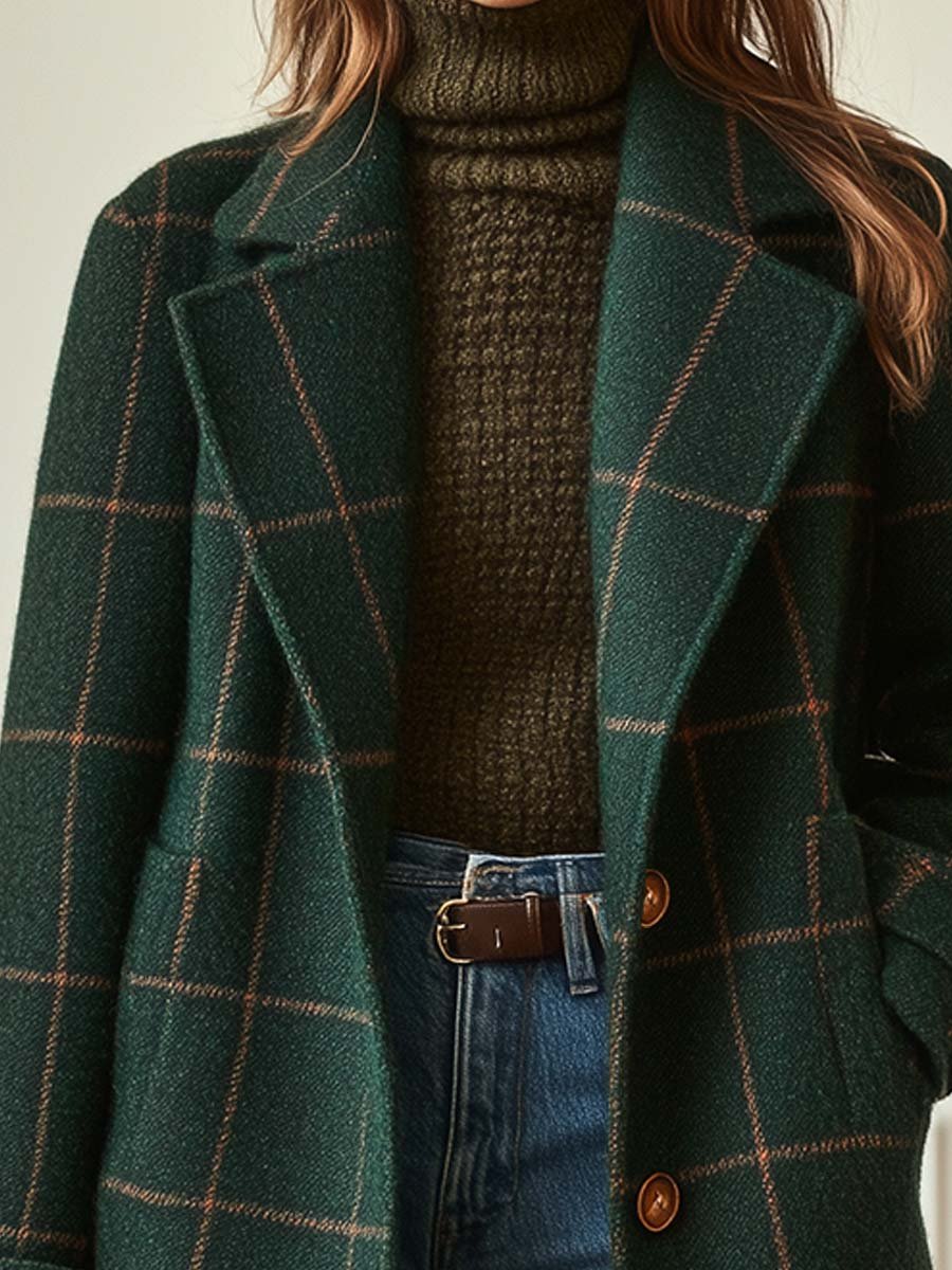 MIRELYTHEA – WOMEN’S RETRO LAPEL PLAID TWEED COAT